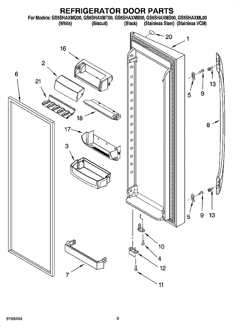 REFRIGERATOR DOOR PARTS Diagram and Parts List for GS6SHAXMT00  Whirlpool Refrigerator