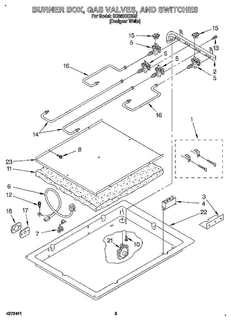 BURNER BOX, GAS VALVES, AND SWITCHES Diagram and Parts List for SC8630EBQ2  Whirlpool Cooktop