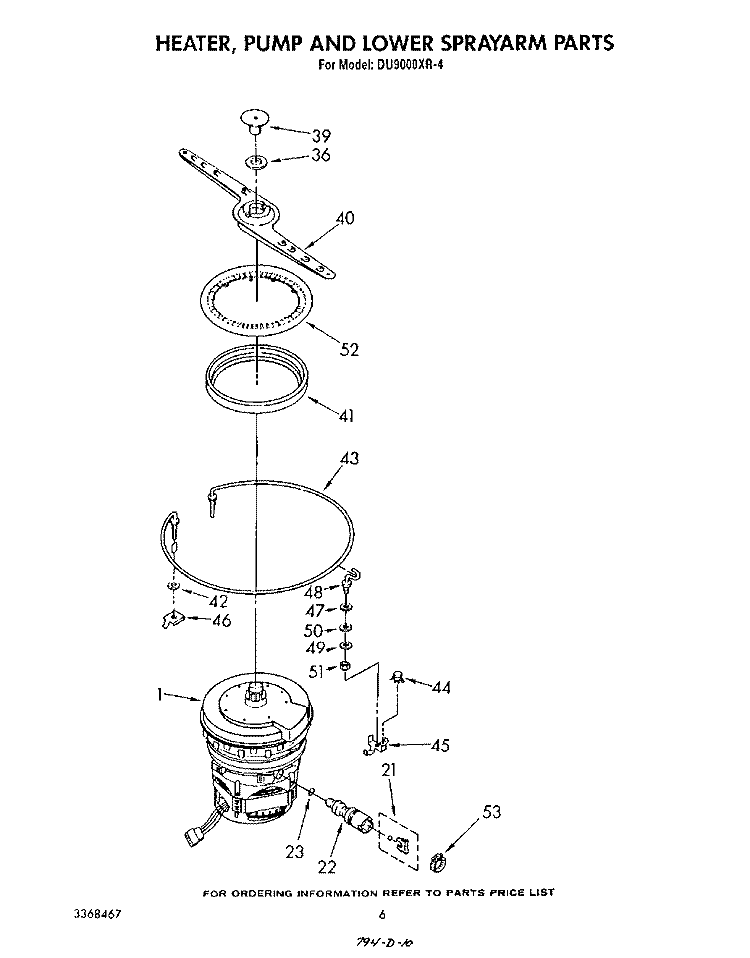HEATER, PUMP AND LOWER SPRAYARM Diagram and Parts List for DU9000XR4  Whirlpool Dishwasher