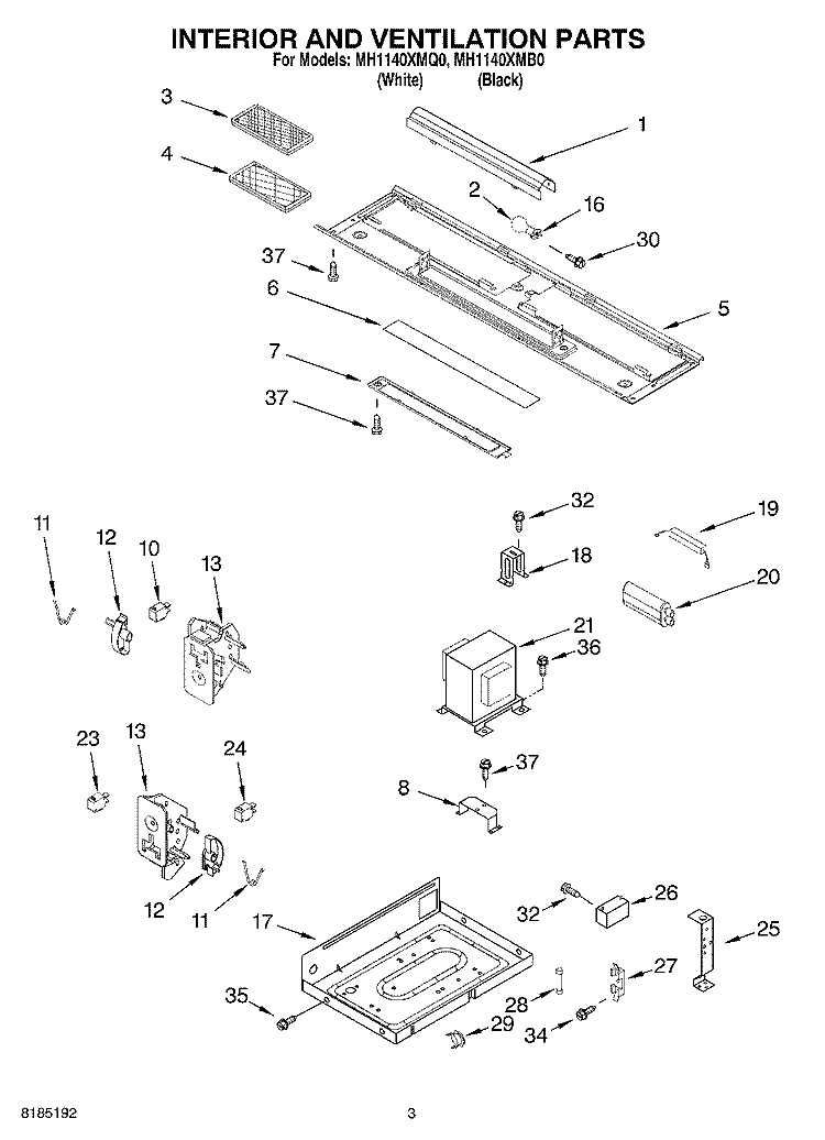 INTERIOR AND VENTILATION PARTS Diagram and Parts List for MH1140XMB0  Whirlpool Microwave