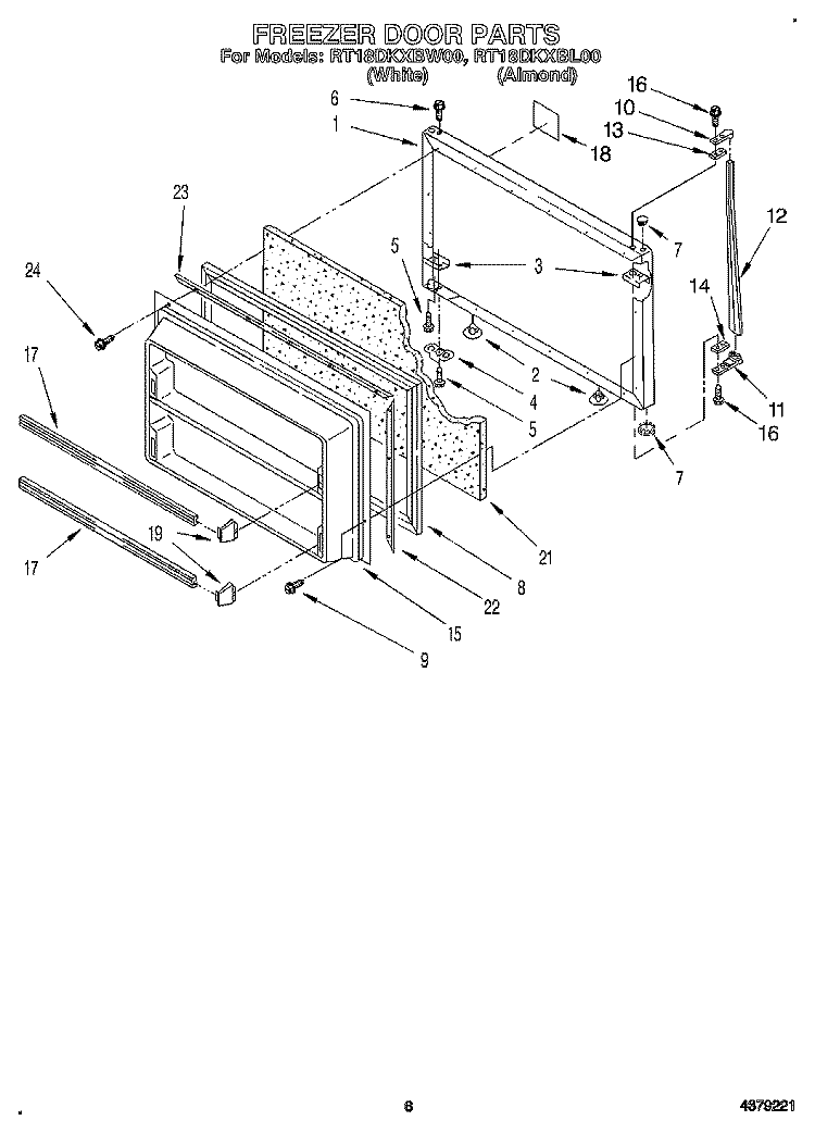 FREEZER DOOR Diagram and Parts List for RT18DKXBW00  Roper Refrigerator
