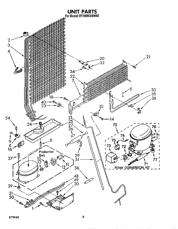 UNIT Diagram and Parts List for ET18MKXSW02  Whirlpool Refrigerator