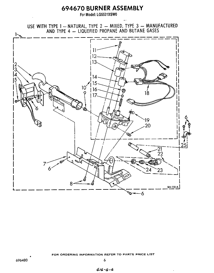 694670 BURNER Diagram and Parts List for LG5531XSW0  Whirlpool Dryer