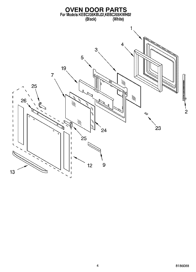 OVEN DOOR PARTS Diagram and Parts List for KEBC206KBL02  KitchenAid Wall Oven