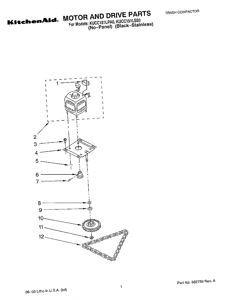 MOTOR AND DRIVE PARTS Diagram and Parts List for KUCC151LPA0  KitchenAid Trash Compactor