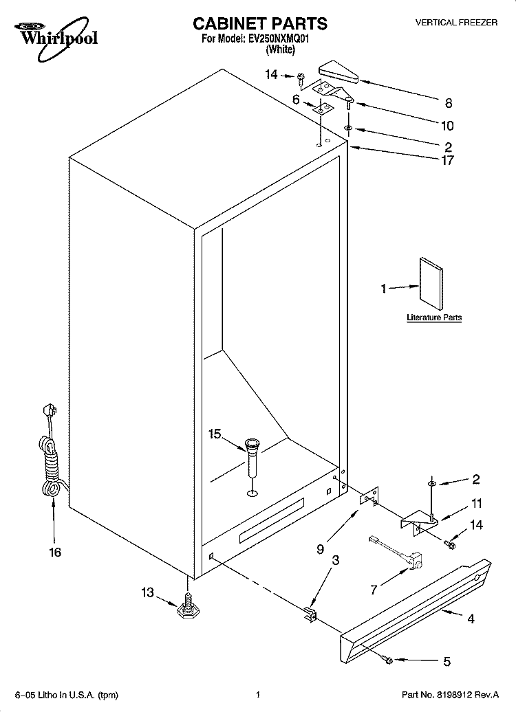 CABINET PARTS Diagram and Parts List for EV250NXMQ01  Whirlpool Freezer