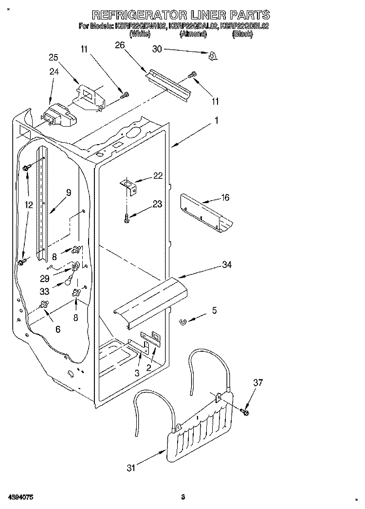 REFRIGERATOR LINER Diagram and Parts List for KSRP22QDAL02  KitchenAid Refrigerator