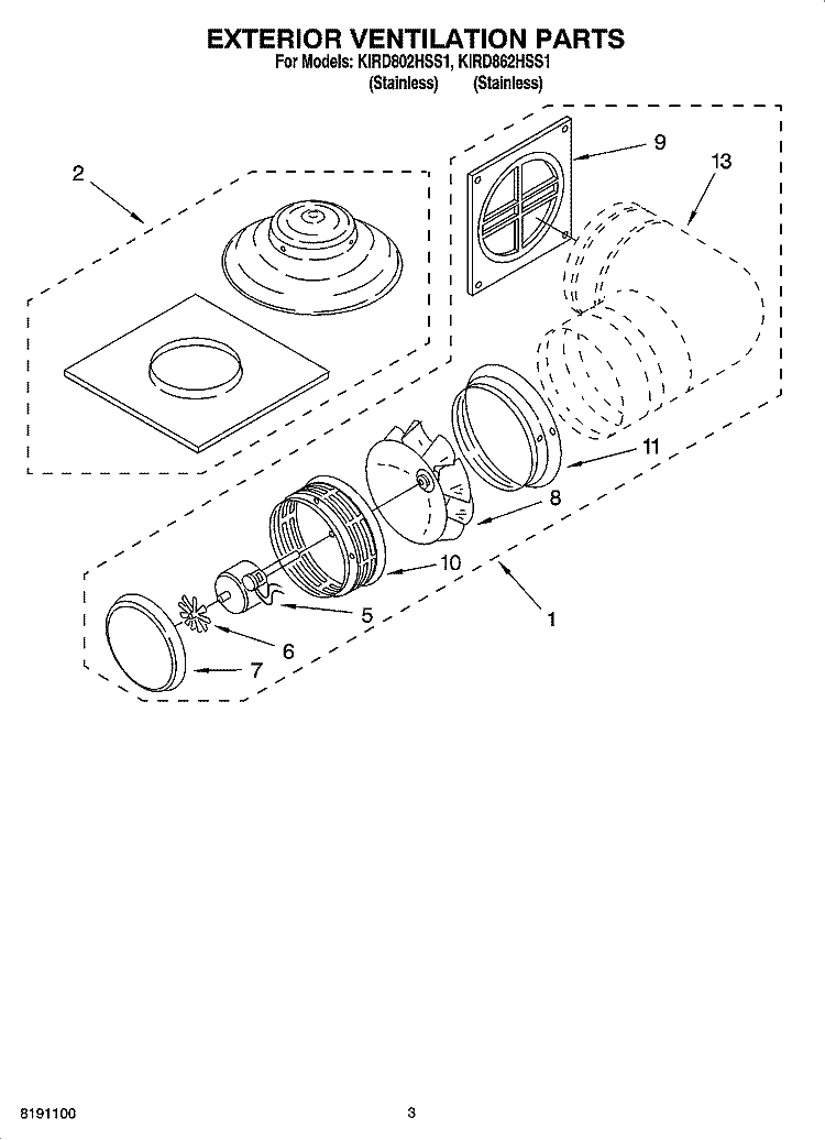 EXTERIOR VENTILATION PARTS Diagram and Parts List for KIRD802HSS1  KitchenAid Range Hood