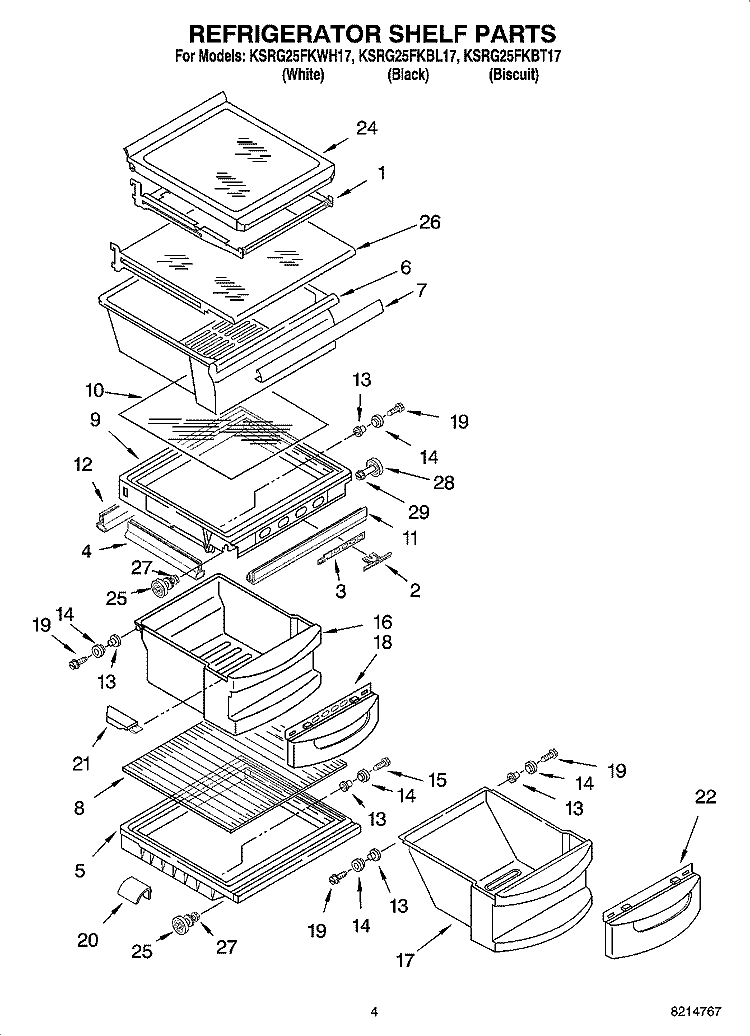 REFRIGERATOR SHELF PARTS Diagram and Parts List for KSRG25FKBT17  KitchenAid Refrigerator