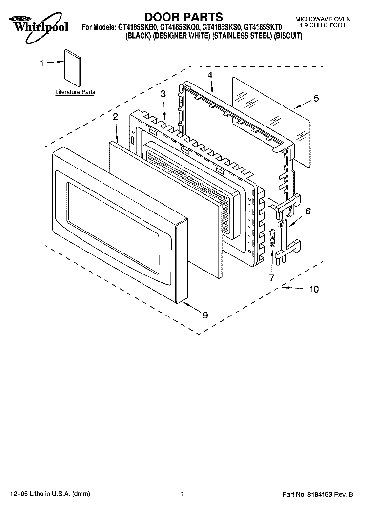 DOOR PARTS Diagram and Parts List for GT4185SKS0  Whirlpool Microwave