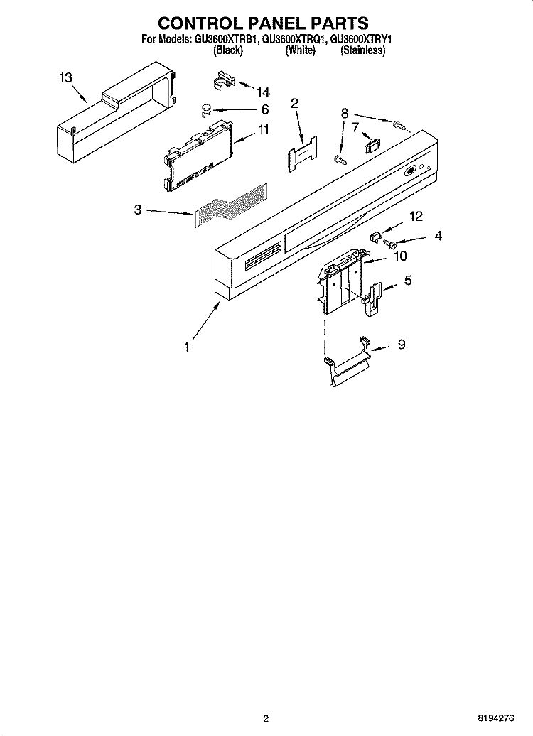 CONTROL PANEL PARTS Diagram and Parts List for GU3600XTRB1  Whirlpool Dishwasher