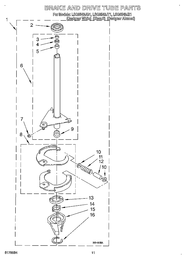 BRAKE AND DRIVE TUBE Diagram and Parts List for LSQ8543JT1  Whirlpool Washer