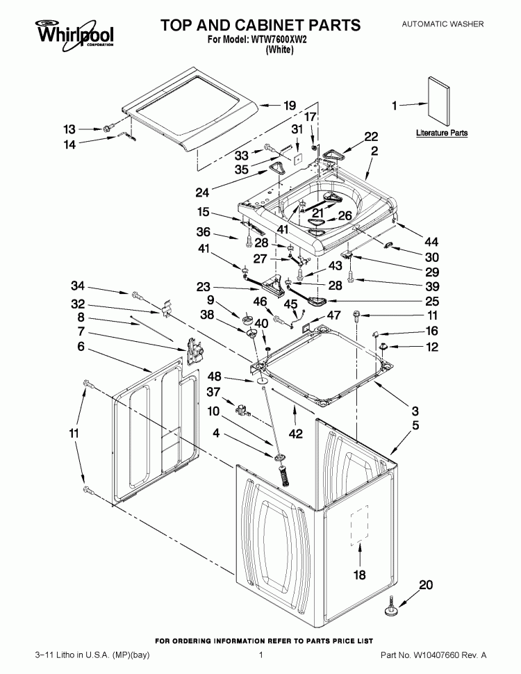 TOP AND CABINET PARTS Diagram and Parts List for WTW7600XW2  Whirlpool Washer