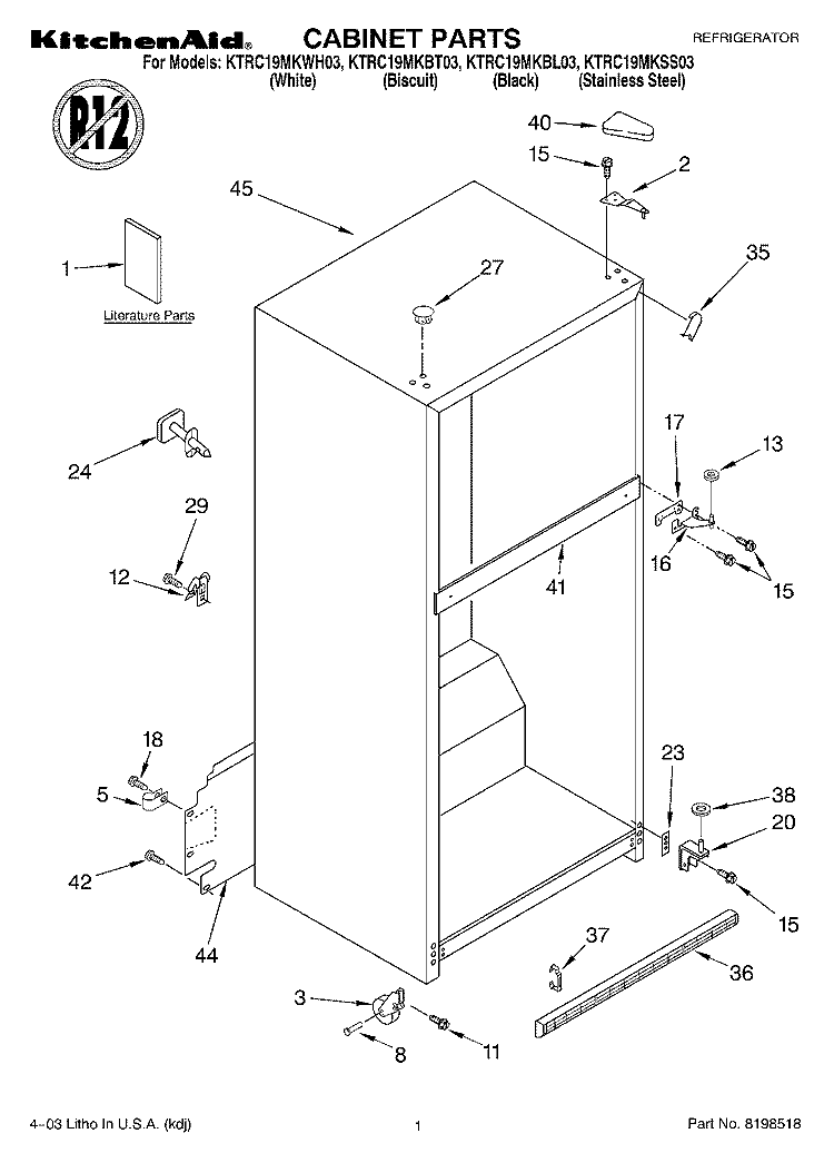 CABINET PARTS Diagram and Parts List for KTRC19MKSS03  KitchenAid Refrigerator