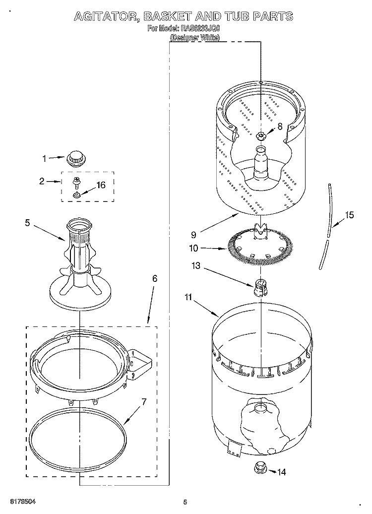 AGITATOR, BASKET AND TUB Diagram and Parts List for RAS6233JQ0  Roper Washer