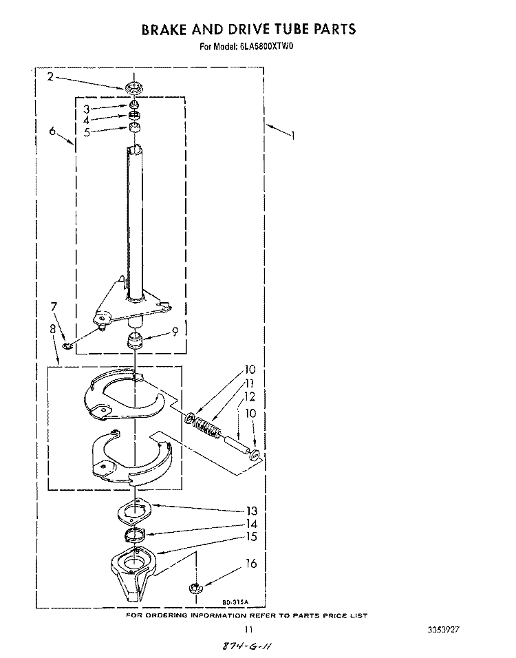 BRAKE AND DRIVE TUBE Diagram and Parts List for 6LA5800XTM0  Whirlpool Washer