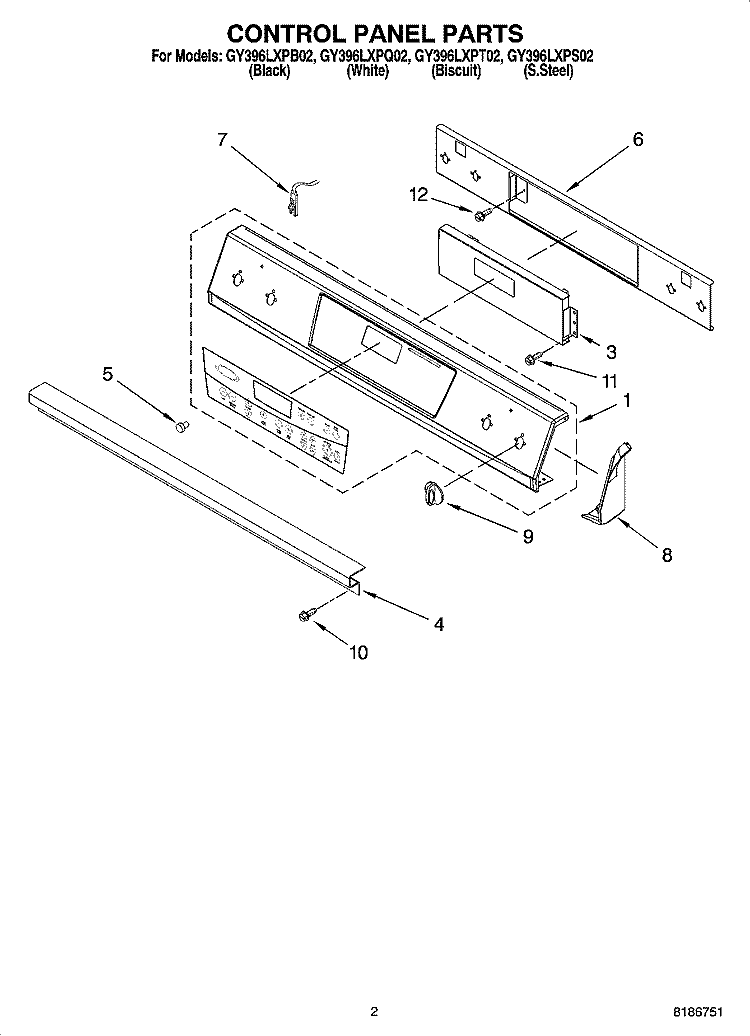 CONTROL PANEL PARTS Diagram and Parts List for GY396LXPB02  Whirlpool Range