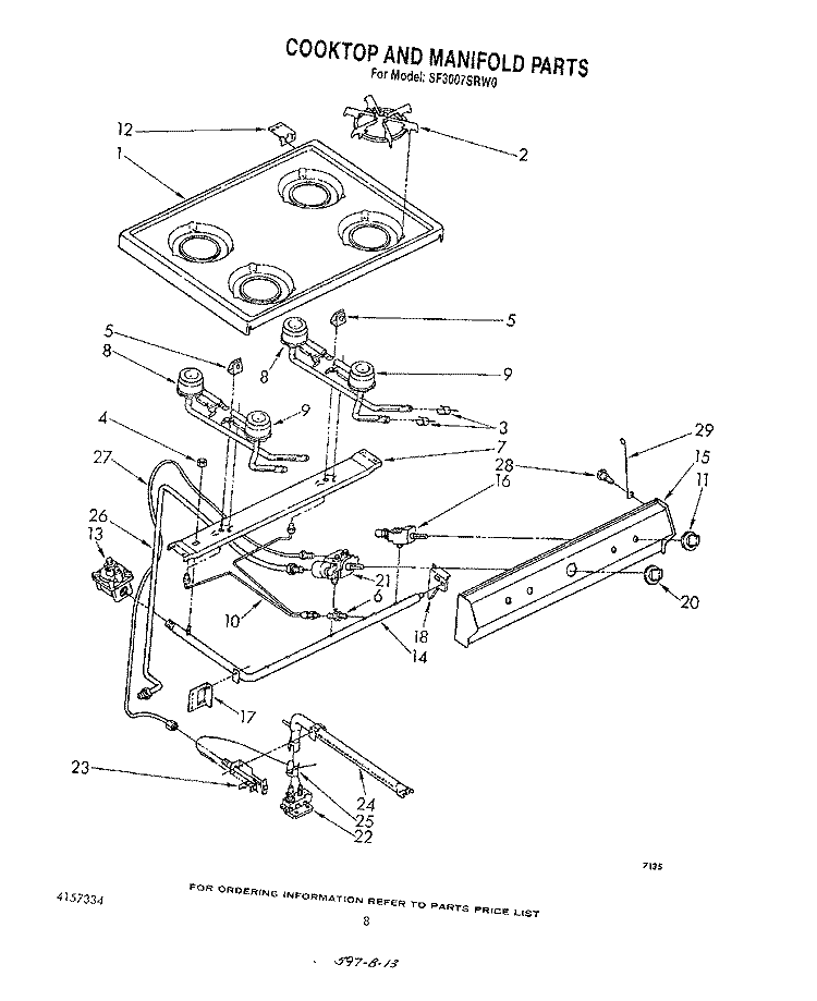 COOKTOP AND MANIFOLD , LITERATURE AND OPTIONAL Diagram and Parts List for SF3007SRW0  Whirlpool Range