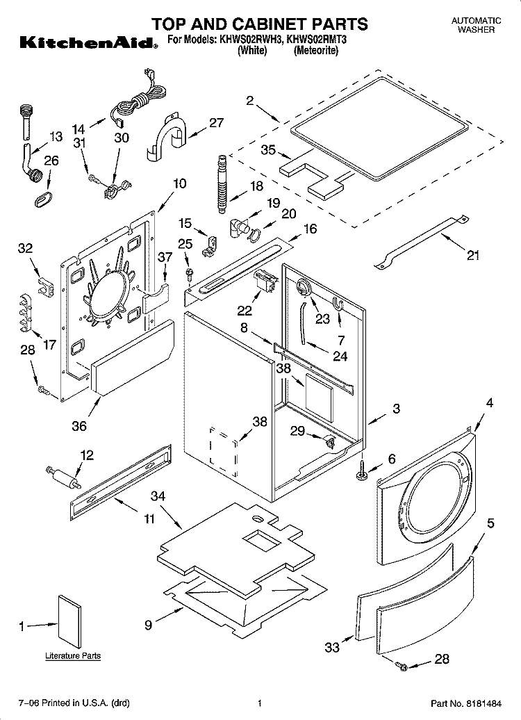 TOP AND CABINET PARTS Diagram and Parts List for KHWS02RWH3  KitchenAid Washer