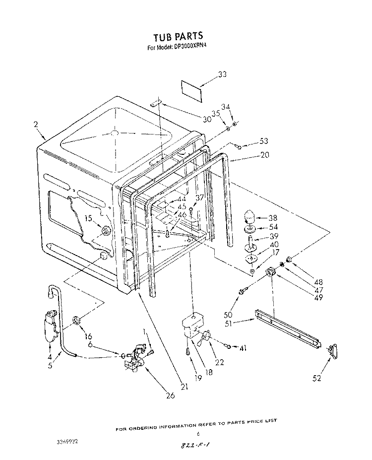 TUB , LITERATURE AND OPTIONAL Diagram and Parts List for DP3000XRN4  Whirlpool Dishwasher