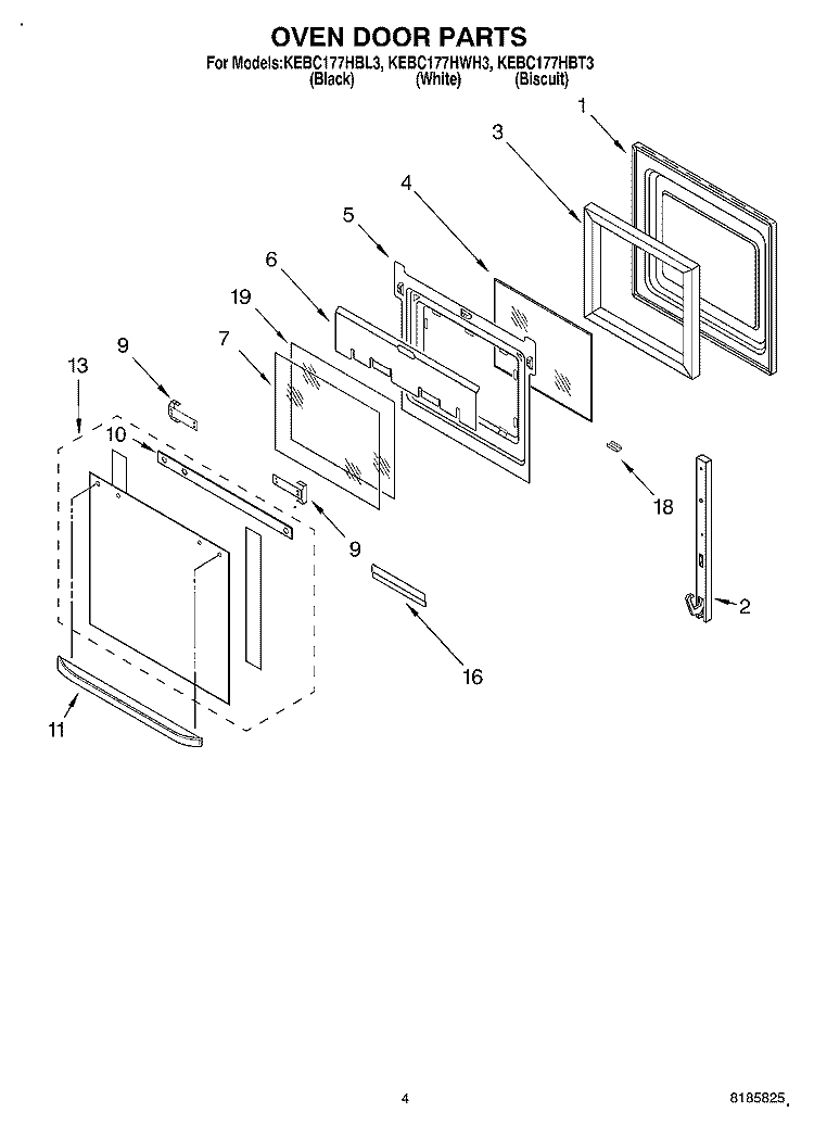 OVEN DOOR Diagram and Parts List for KEBC177HBL3  KitchenAid Wall Oven