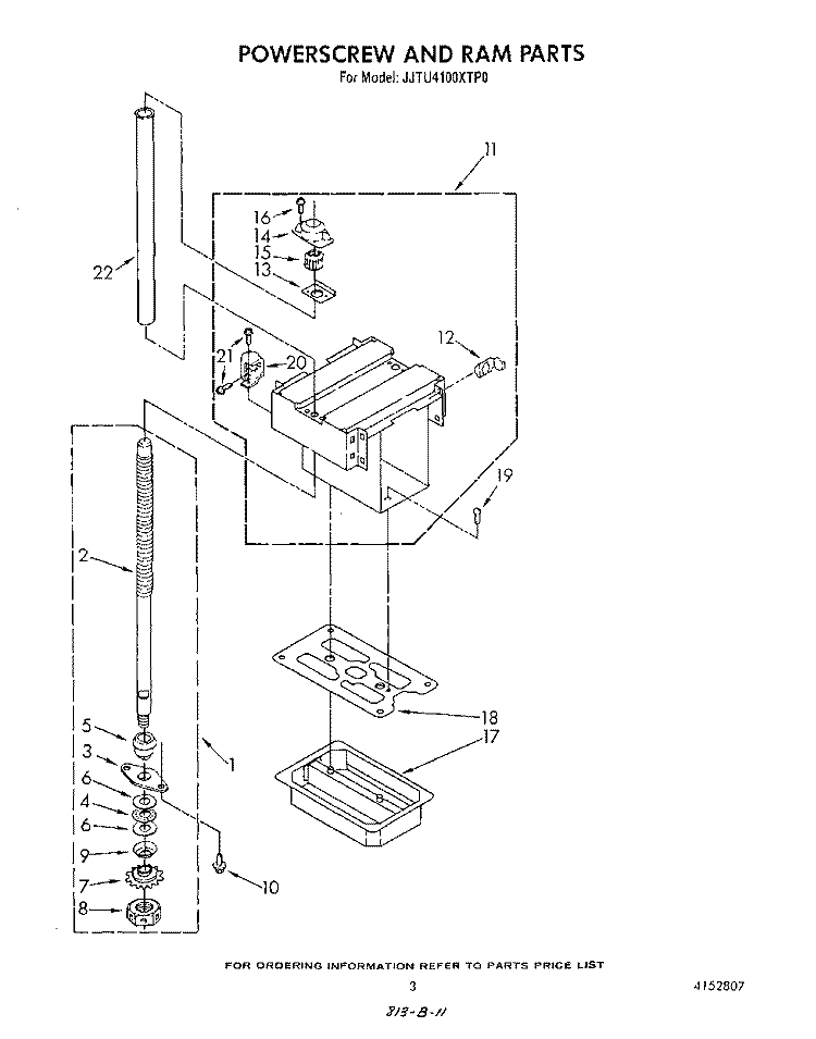 POWER SCREW AND RAM Diagram and Parts List for JJTU4100XTP0  Whirlpool Trash Compactor