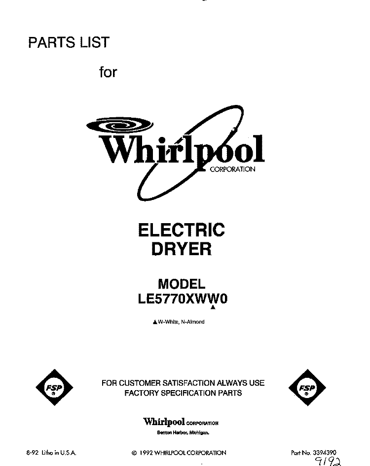 SECTION Diagram and Parts List for LE5770XWW0  Whirlpool Dryer