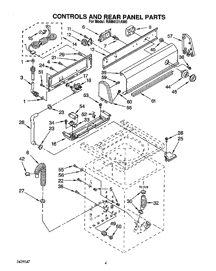 CONTROLS AND REAR PANEL Diagram and Parts List for RAM4131AW0  Whirlpool Washer