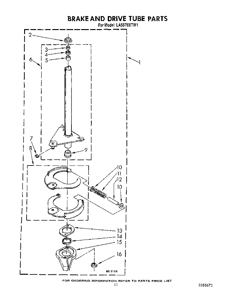BRAKE AND DRIVE TUBE Diagram and Parts List for LA5578XTN1  Whirlpool Washer