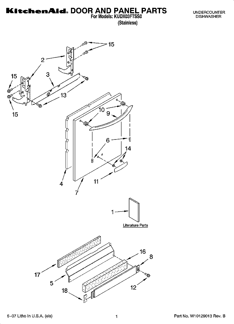DOOR AND PANEL PARTS Diagram and Parts List for KUDX03FTSS0  KitchenAid Dishwasher