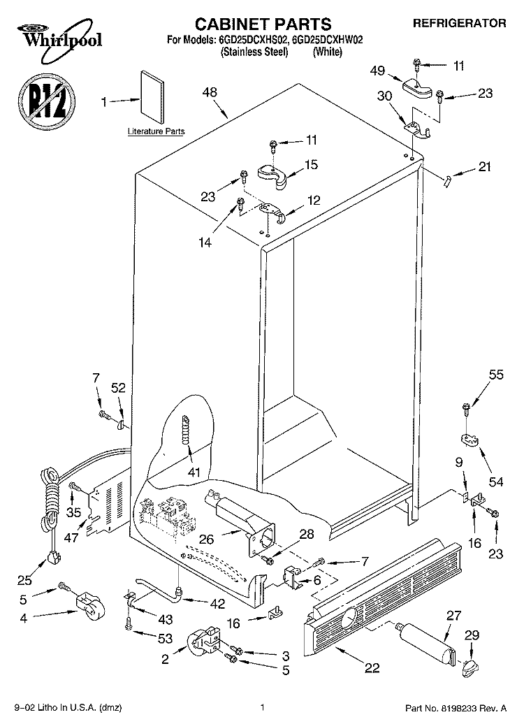 CABINET, LITERATURE Diagram and Parts List for 6GD25DCXHW02  Whirlpool Refrigerator