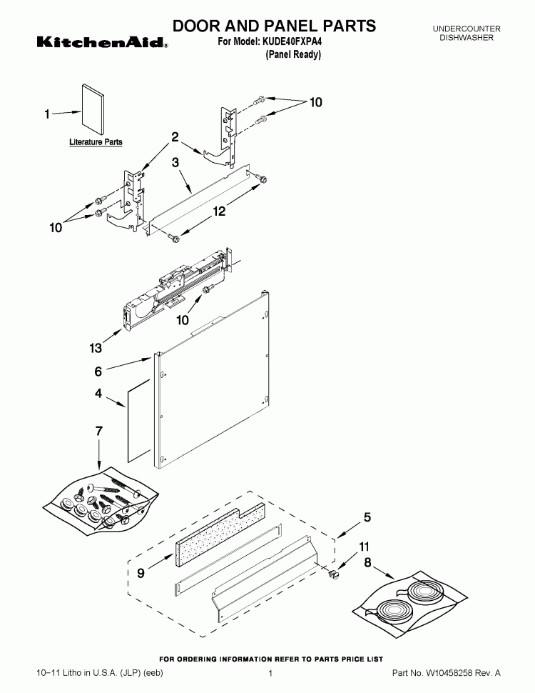 DOOR AND PANEL PARTS Diagram and Parts List for KUDE40FXPA4  KitchenAid Dishwasher