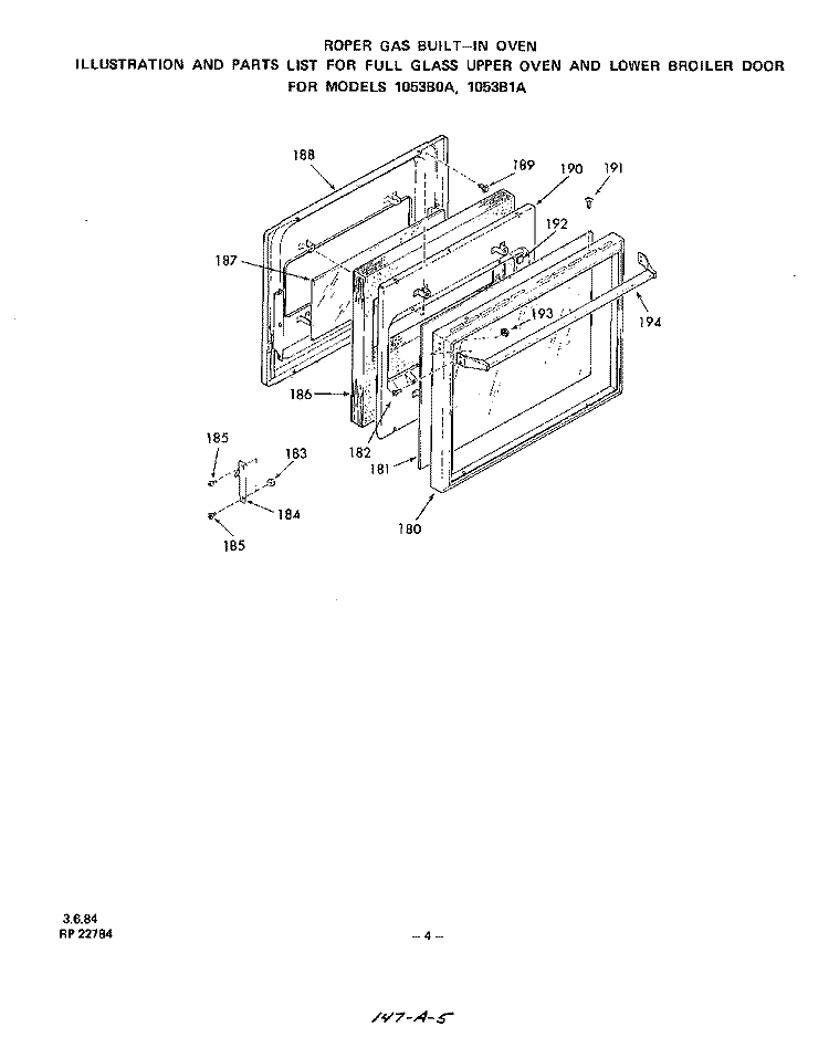 FULL GLASS UPPER OVEN AND LOWER BROILER Diagram and Parts List for 1053B1A  Roper Wall Oven