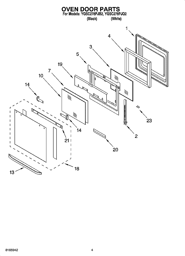 OVEN DOOR PARTS Diagram and Parts List for YGSC278PJQ2  Whirlpool Microwave Oven Combo