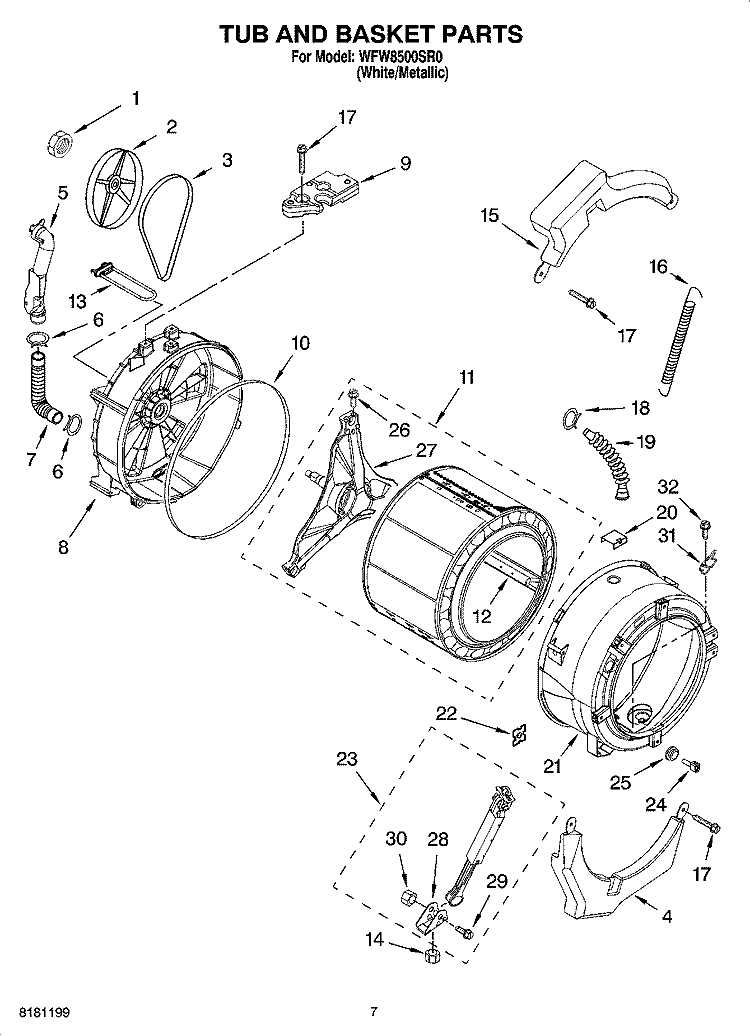 TUB AND BASKET PARTS, OPTIONAL PARTS (NOT INCLUDED) Diagram and Parts List for WFW8500SR0  Whirlpool Washer
