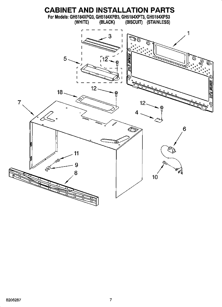 CABINET AND INSTALLATION PARTS Diagram and Parts List for GH5184XPQ3  Whirlpool Microwave