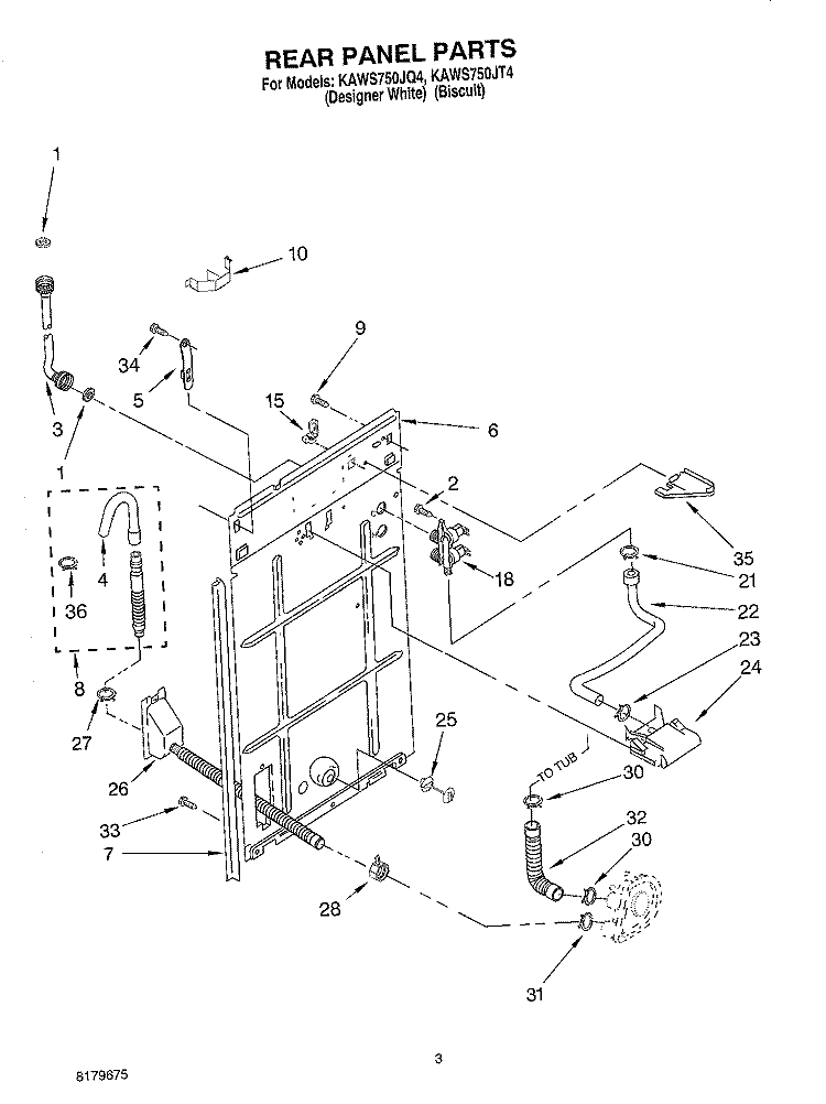 REAR PANEL Diagram and Parts List for KAWS750JQ4  KitchenAid Washer