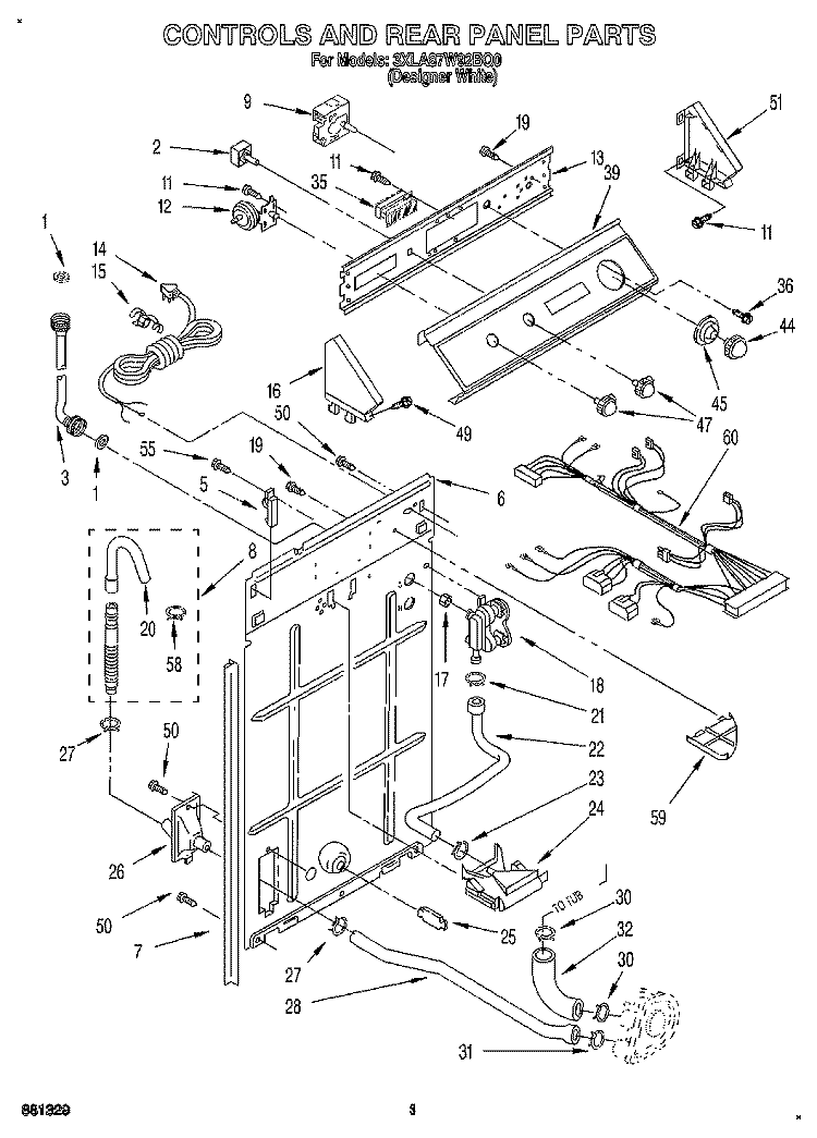 CONTROLS AND REAR PANEL Diagram and Parts List for 3XLA87W92BQ0  Whirlpool Washer