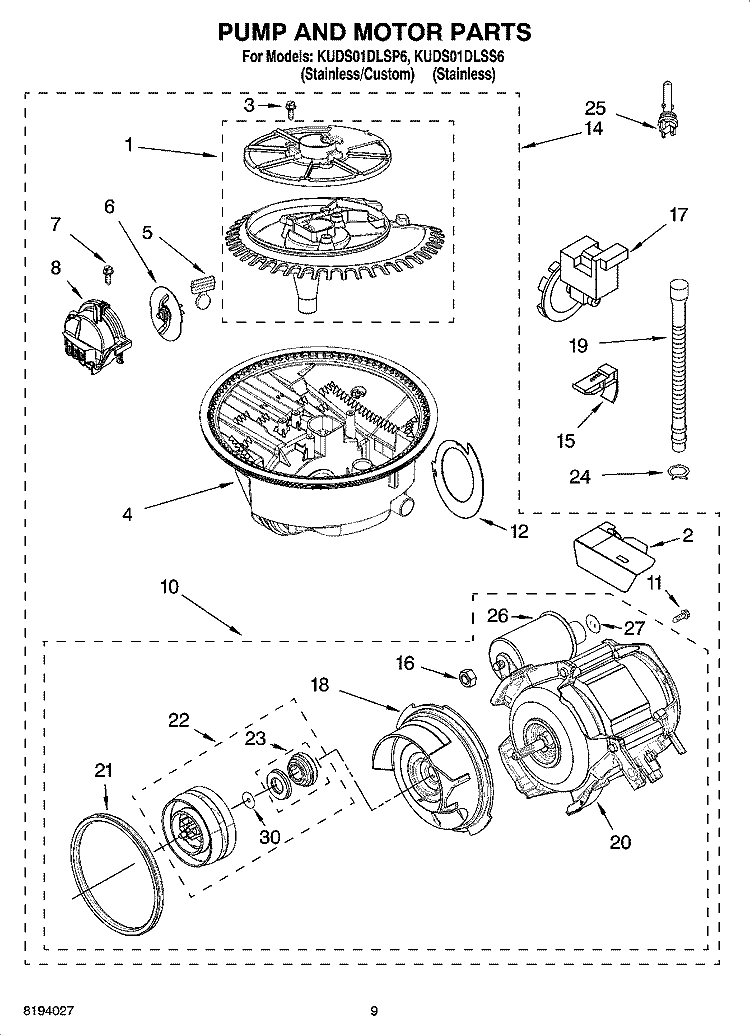 PUMP AND MOTOR PARTS Diagram and Parts List for KUDS01DLSP6  KitchenAid Dishwasher