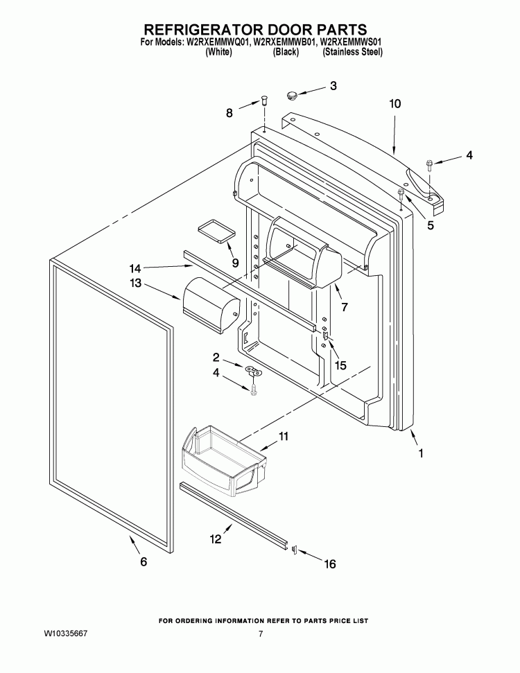 REFRIGERATOR DOOR PARTS Diagram and Parts List for W2RXEMMWS01  Whirlpool Refrigerator