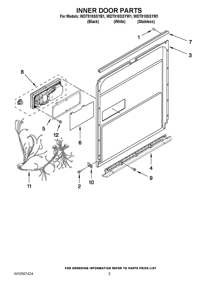 INNER DOOR PARTS Diagram and Parts List for WDT910SSYW1  Whirlpool Dishwasher