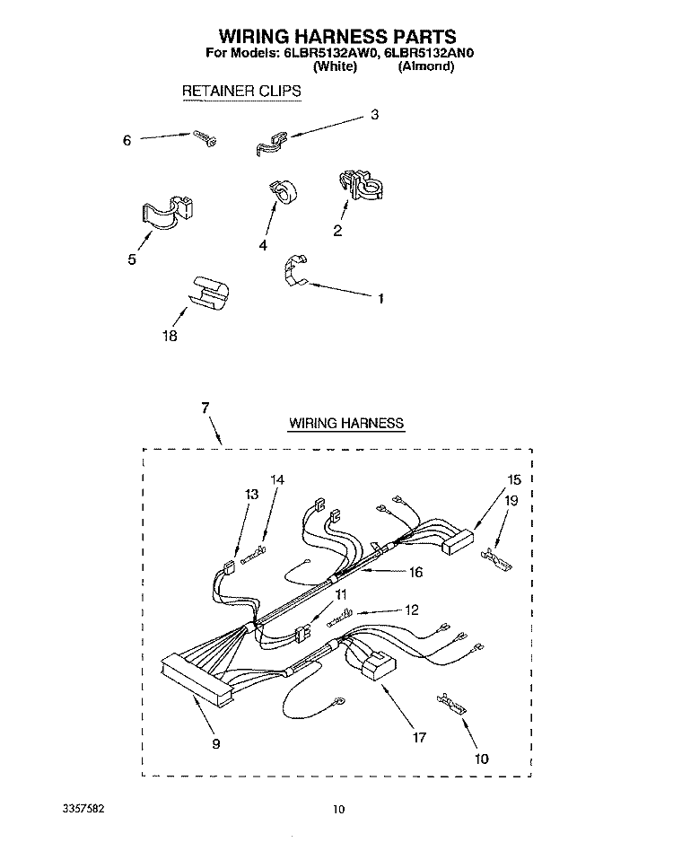 WIRING HARNESS Diagram and Parts List for 6LBR5132AW0  Whirlpool Washer