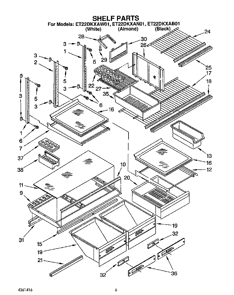 SHELF, LIT/OPTIONAL Diagram and Parts List for ET22DKXAB01  Whirlpool Refrigerator