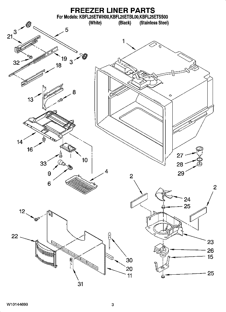 FREEZER LINER PARTS Diagram and Parts List for KBFL25ETBL00  KitchenAid Refrigerator