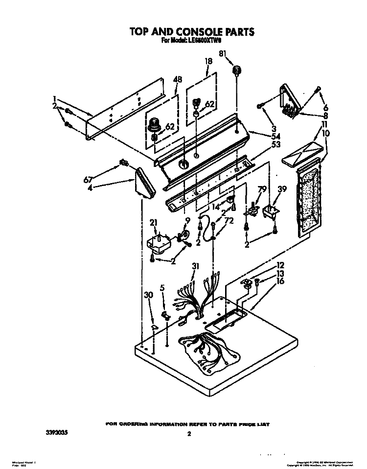 TOP AND CONSOLE Diagram and Parts List for LE6800XTW0  Whirlpool Dryer