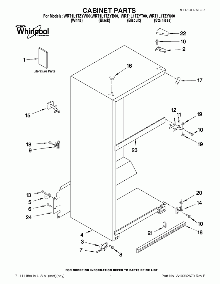 CABINET PARTS Diagram and Parts List for WRT1L1TZYS00  Whirlpool Refrigerator