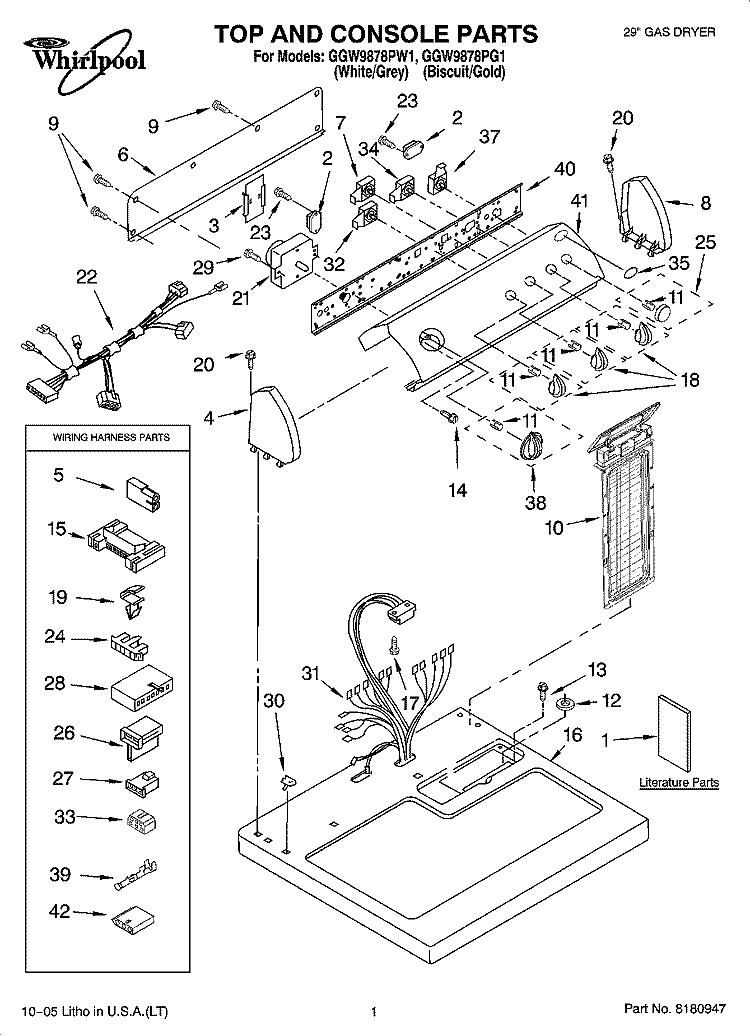 TOP AND CONSOLE PARTS Diagram and Parts List for GGW9878PG1  Whirlpool Dryer
