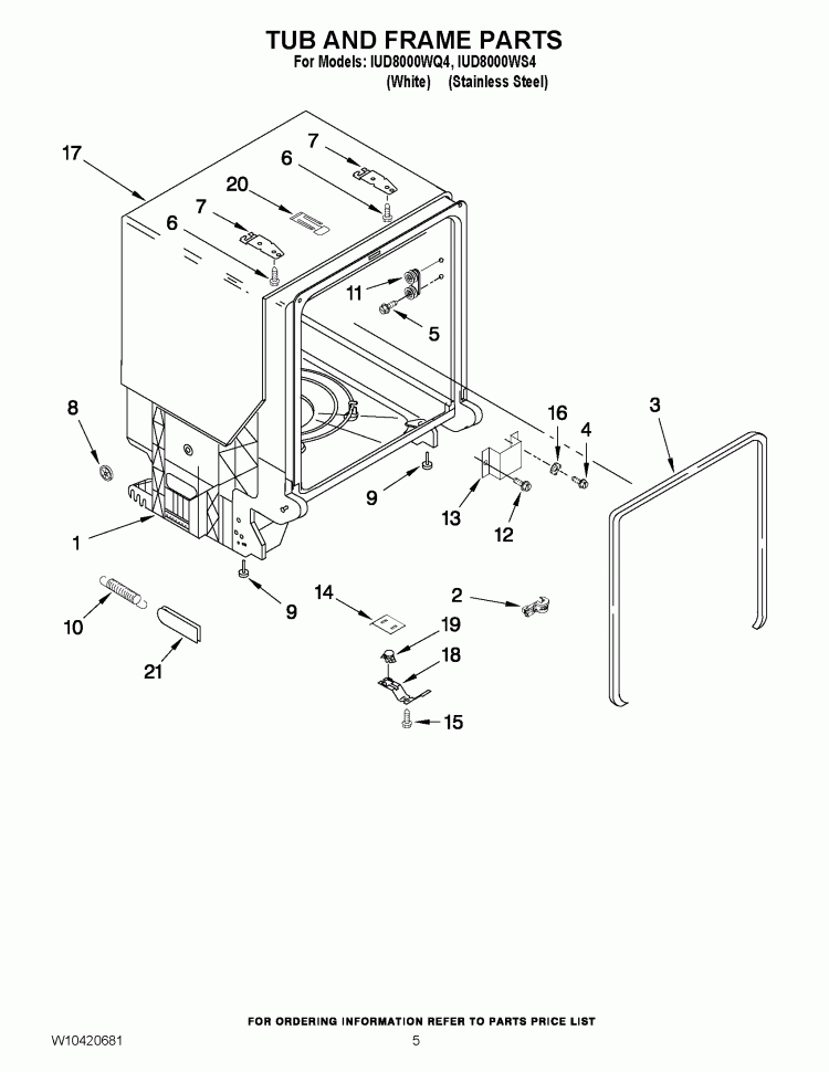 TUB AND FRAME PARTS Diagram and Parts List for IUD8000WS4  Whirlpool Dishwasher