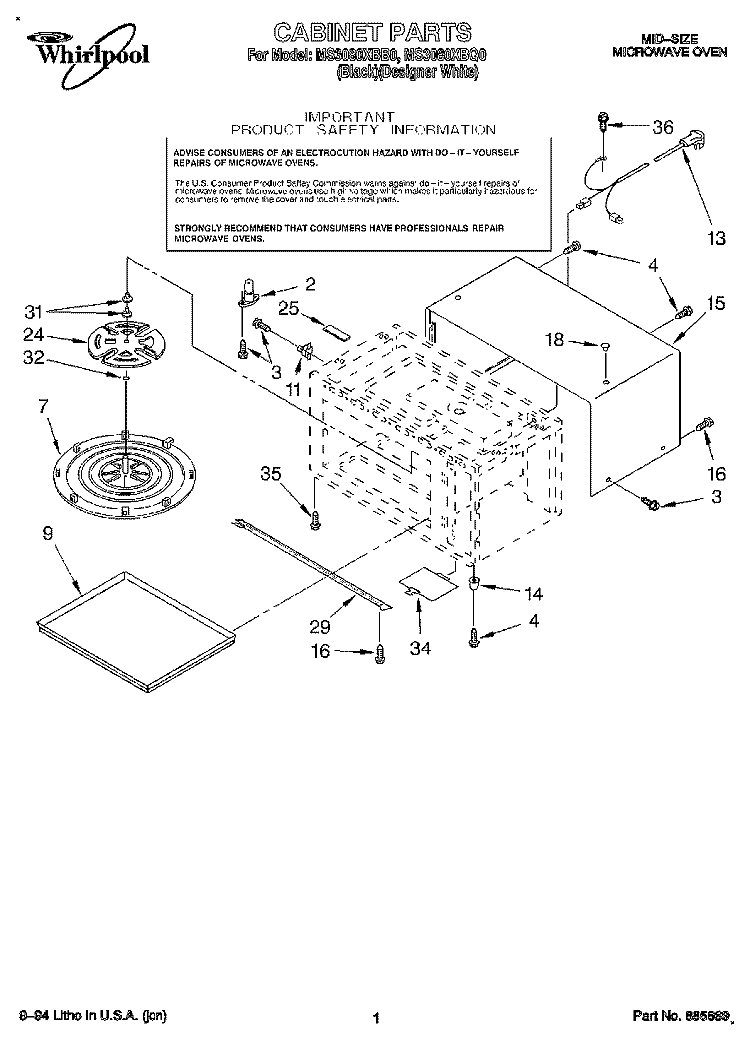 CABINET Diagram and Parts List for MS3080XBQ0  Whirlpool Wall Oven