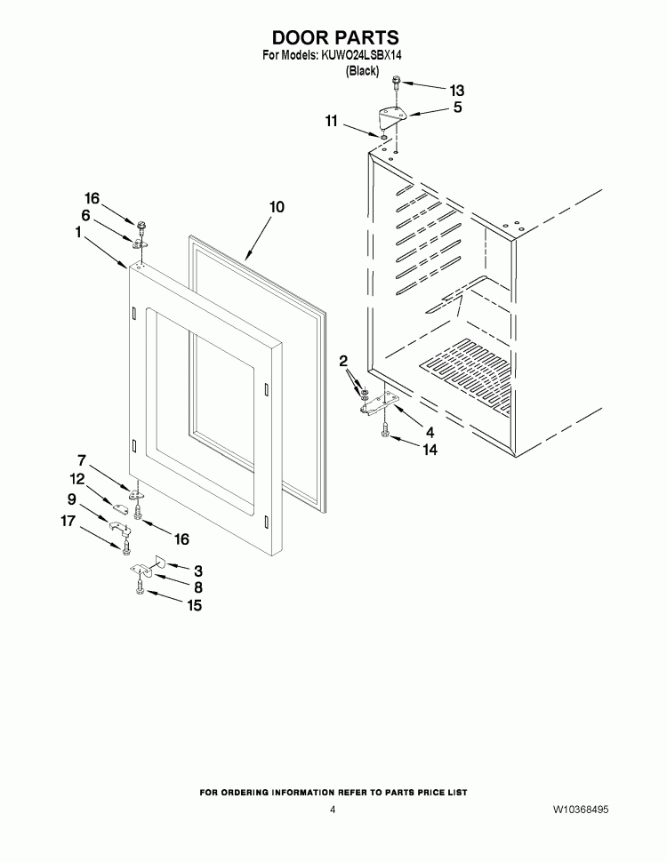 DOOR PARTS Diagram and Parts List for KUWO24LSBX14  KitchenAid Wine and Beverage Cooler